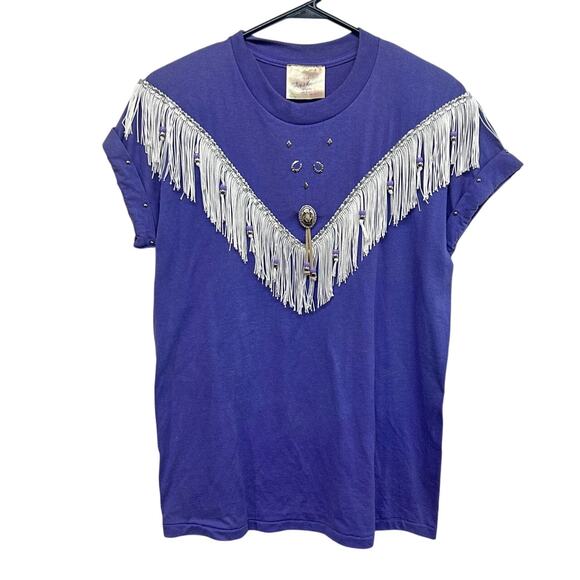 Vintage 80s Cowgirl Glam‎ Fringe Tee Purple Studded Western Rodeo Top M Boho - Picture 1 of 7